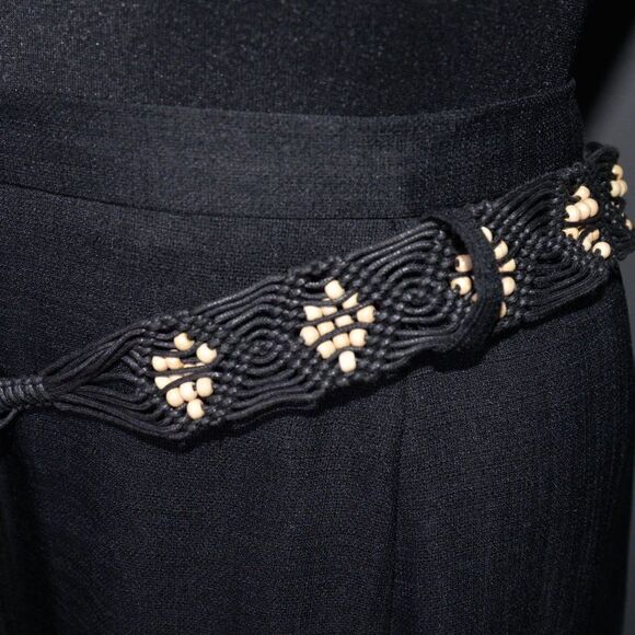 Vintage Layered Black Tiered Maxi Skirt w/ Beaded Belt Sz 12 - Picture 5 of 8